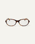 Face shot of Bonnie Clyde Butter Knife optical frames in tortoise with clear lenses.