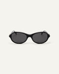 Face shot of Bonnie Clyde Butter Knife sunglasses in black with black lenses.