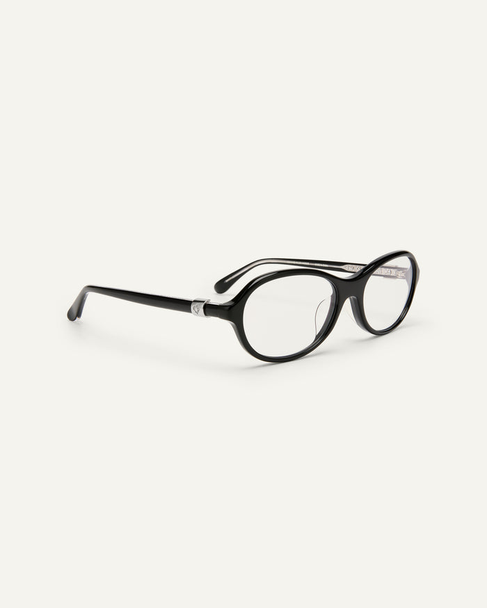 Side shot of Bonnie Clyde Butter Knife optical frames in black with clear lenses.