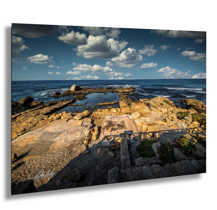 a rocky beach with a calm ocean in the background, featuring a small pool of water surrounded by rocks and vegetation.