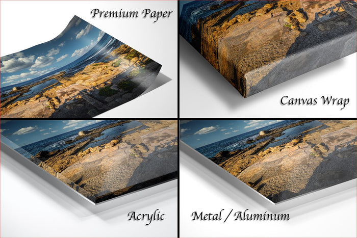 The image is a collage of four different images, each depicting a rocky coastal landscape. The images are labeled as "Premium Paper", "Canvas Wrap", "Acrylic", and "Metal/Aluminum".