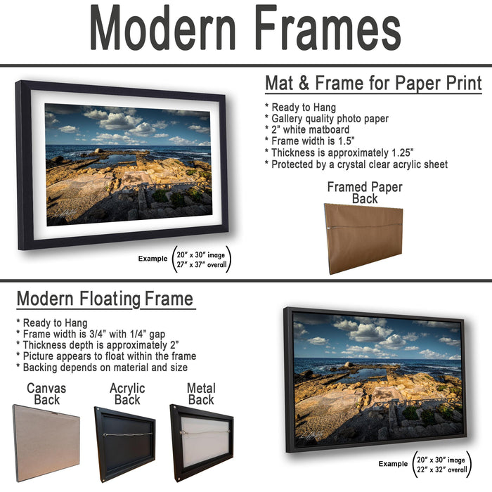 The image is a collage of two framed pictures, one of a beach and one of a mountain landscape. The beach picture is framed in a modern floating frame, while the mountain picture is framed in a modern hanging frame. The beach picture is ready to hang, and the mountain picture is framed paper back. The beach picture has an acrylic back, and the mountain picture has a metal back. The beach picture is 20" x 30" and the mountain picture is 22" x 32" in size.