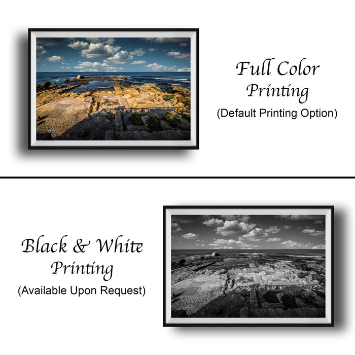 The image is a collage of two framed photographs. The top photograph is a full-color print of a rocky beach with a cloudy sky, while the bottom photograph is a black and white print of the same beach. Both photographs are framed and available upon request.