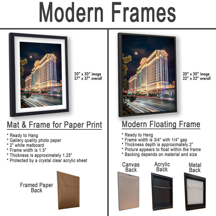 The image is a comparison of modern framed prints and modern floating frames for displaying photographs. It features two photographs of a building at night, one in a traditional framed print and the other in a modern floating frame. The text provides details about the differences between the two framing options, such as the frame width, the gap between the frame and the photograph, and the backing material.