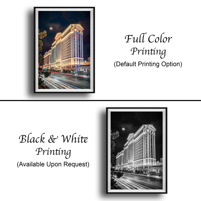 The image is a collage of two framed pictures. The top picture is a full color print of a building at night, while the bottom picture is a black and white print of the same building. Both pictures are framed and available upon request.
