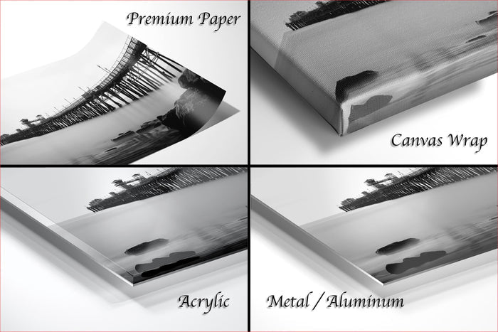 The image is a collage of four different views of a bridge, each with a different material used to display the artwork: premium paper, canvas wrap, acrylic, and metal/aluminum.
