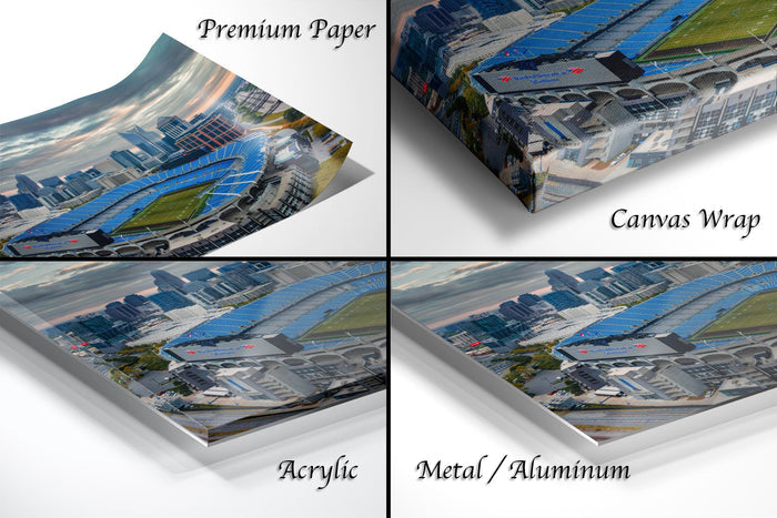 four different views of a cityscape, each with a distinct perspective and angle. The first image is a close-up view of the city, the second image is a wide-angle view of the city, the third image is a high-angle view of the city, and the fourth image is a low-angle view of the city. The text labels the different views as "Premium Paper", "Canvas Wrap", "Acrylic", and "Metal/Aluminum".
