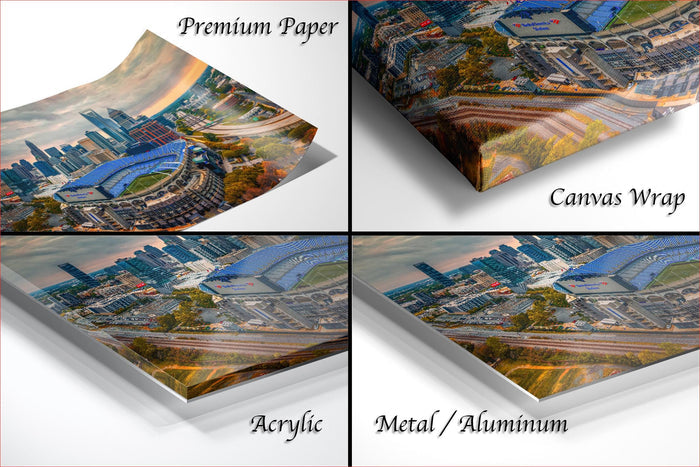 four different views of a cityscape, each with a distinct perspective and angle. The text labels the different types of materials used to display the cityscape, including "Premium Paper", "Canvas Wrap", "Acrylic", and "Metal/Aluminum".