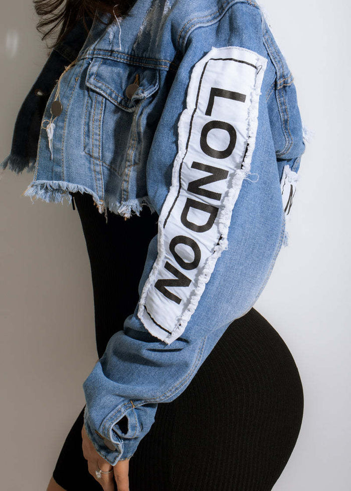 Casaul Women Jeans Color Print Letter Jacket Coat Full.