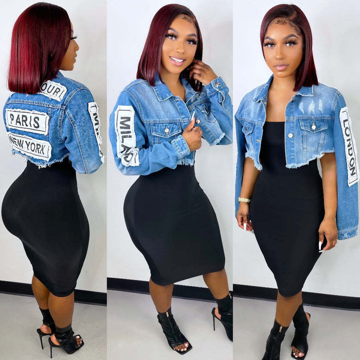 Casaul Women Jeans Color Print Letter Jacket Coat Full.