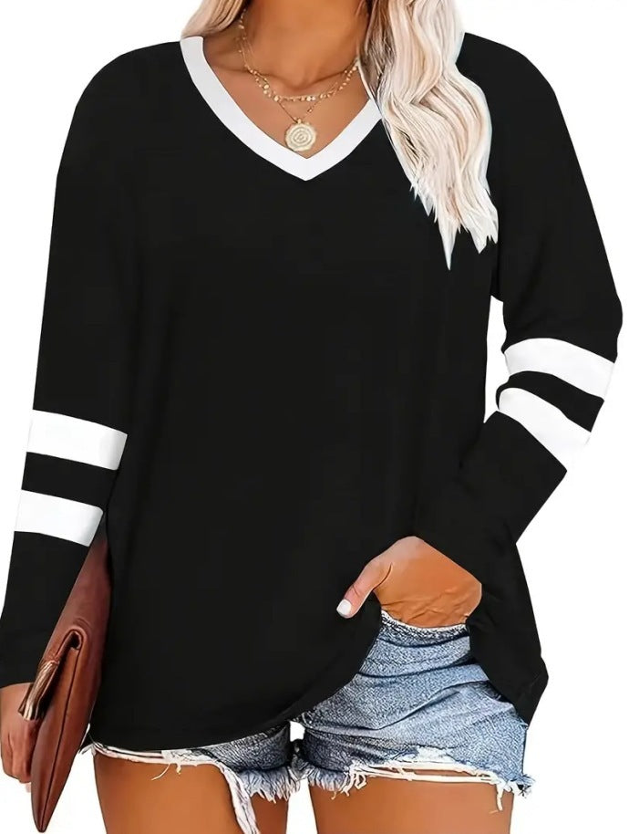 Casual V-Neck Digital Print Loose Oversized Long Sleeve Top.