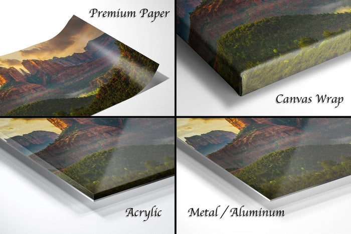The image is a collage of four different views of a landscape, including a premium paper print, a canvas wrap, an acrylic print, and a metal/aluminum print.