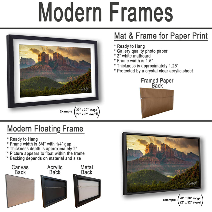 The image is a collage of three framed pictures, each depicting a different landscape scene. The first frame shows a mountainous landscape, the second frame depicts a desert scene, and the third frame features a forested area. The frames are designed to hang on a wall, with the mat and frame for paper print and the modern floating frame for canvas back.