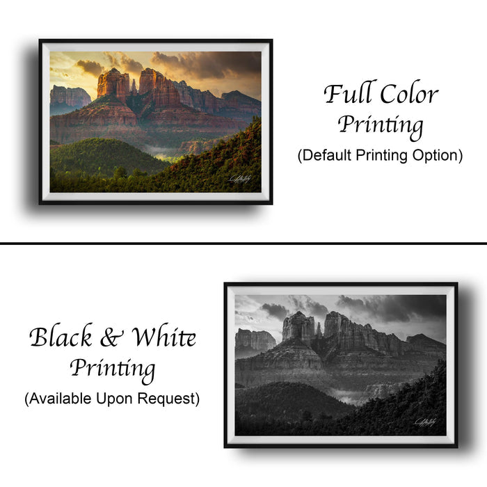 The image is a collage of two framed pictures. The top picture is a full color print of a mountainous landscape, while the bottom picture is a black and white print of the same mountainous landscape.