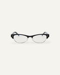 Face shot of Bonnie Clyde CC optical frames in black with clear lenses.