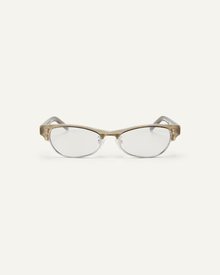 Face shot of Bonnie Clyde CC optical frames in grey with clear lenses.