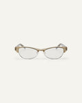 Face shot of Bonnie Clyde CC optical frames in grey with clear lenses.