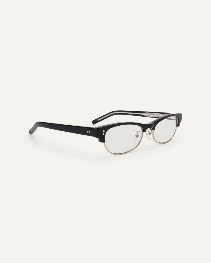 Side shot of Bonnie Clyde CC optical frames in black with clear lenses.
