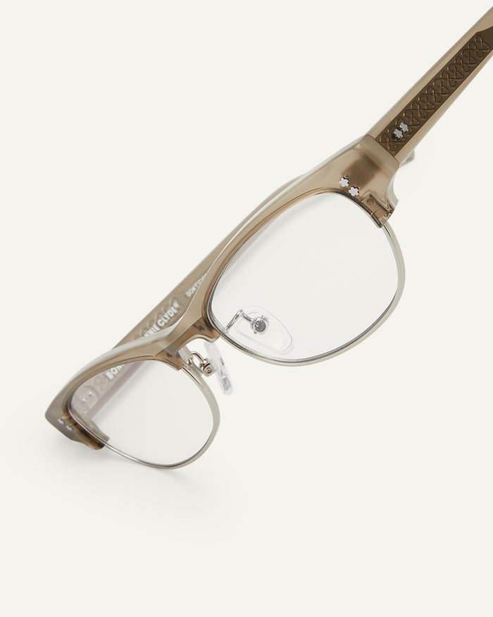 Side shot of Bonnie Clyde CC optical frames in grey with clear lenses.