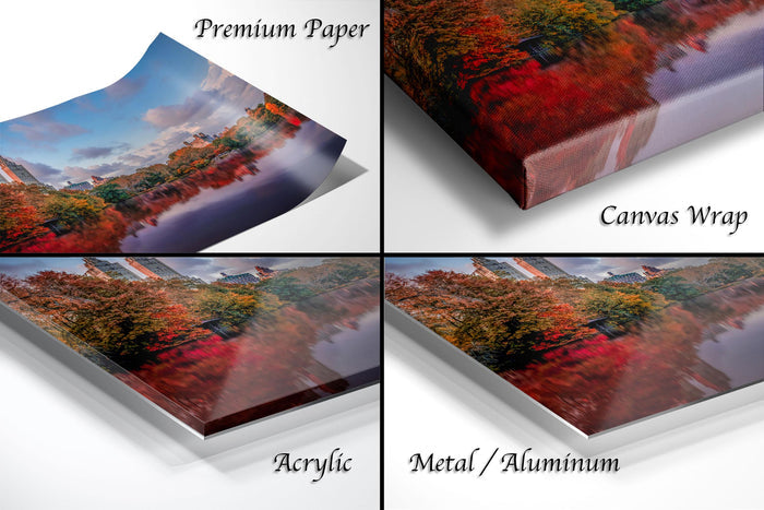 The image is a collage of four different images, each depicting a landscape with trees and buildings. The images are labeled as "Premium Paper", "Canvas Wrap", "Acrylic", and "Metal/Aluminum".