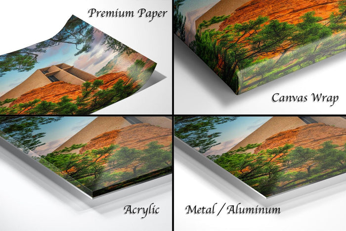 The image is a collage of four different views of a landscape, including a premium paper print, a canvas wrap, an acrylic print, and a metal/aluminum print.