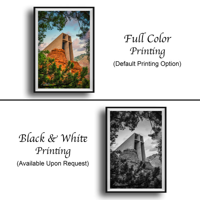 The image is a collage of two framed pictures. The top picture is a full color print of a church with a cross on top, surrounded by trees. The bottom picture is a black and white print of the same church, with the same cross on top. Both pictures are framed and available upon request.
