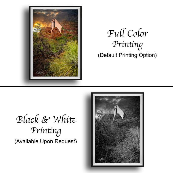 The image is a collage of two framed pictures. The top picture is a full color print of a desert landscape with a white building in the background, and the bottom picture is a black and white print of the same desert landscape with the same white building in the background.
