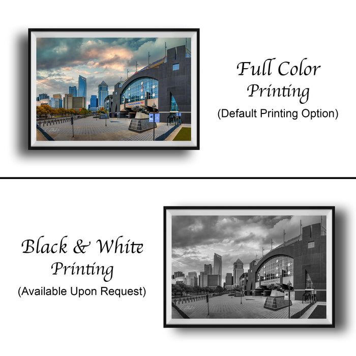 The image is a collage of two framed photographs. The top photograph is a full-color print of a cityscape, while the bottom photograph is a black and white print of the same cityscape. Both photographs are framed and available upon request.