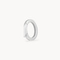 A closed polished silver charm holder shown from a side profile view against a clean, off-white background.