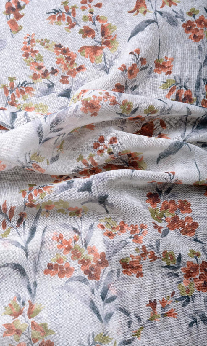 Floral Print Sheer Home Textile Fabric Material By the Metre (White/ Orange)