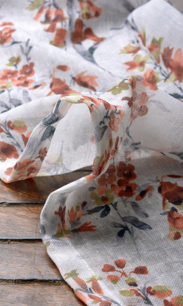Floral Print Sheer Fabric By the Metre for Curtains & Drapes (White/ Orange)