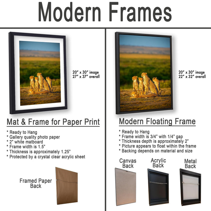 The image is a comparison of modern frames for different types of paper prints, including a mat and a floating frame.