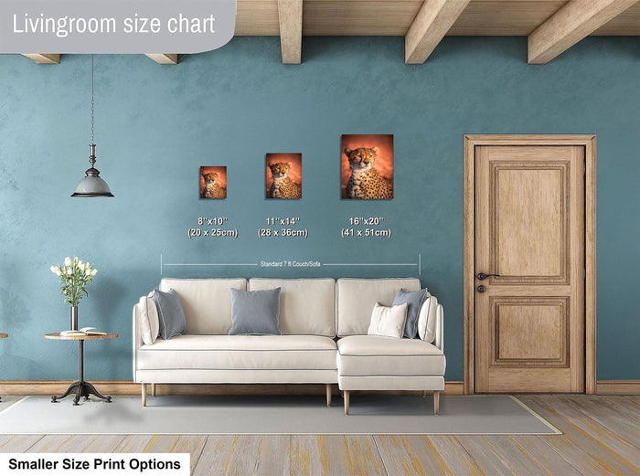 a living room with a white sofa and a wooden door. Above the sofa, there is a size chart indicating the dimensions of three framed pictures of a cheetah. The chart provides the dimensions in inches and centimeters, allowing for a better understanding of the size of the artwork.