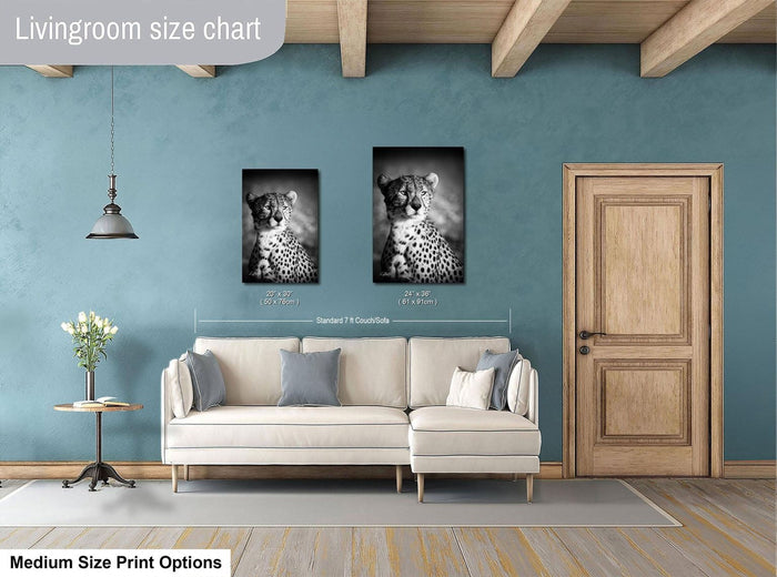 a living room with a white sofa, a wooden door, and a framed photograph of a cheetah on the wall.