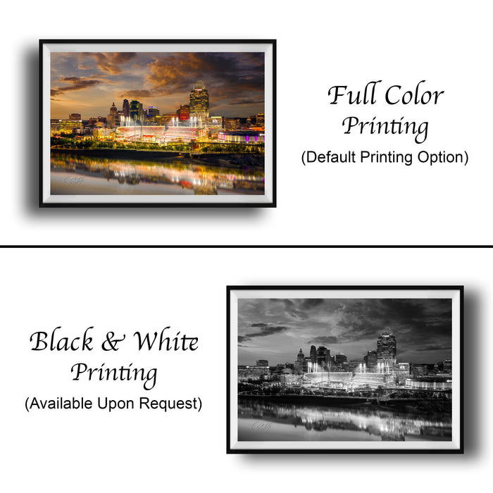 The image is a collage of two framed pictures. The top picture is a full-color print of a city skyline at sunset, while the bottom picture is a black and white print of the same city skyline. Both pictures are framed and available upon request.