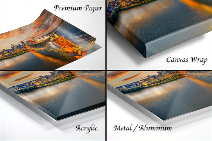 Cincinnati Ohio wall art, Ohio river aerial photography, urban skyline sunset print, Roebling bridge historic photo, Queen City home decor, Midwest travel wall art, Cincinnati sports stadiums photo, suspension bridge cityscape art, downtown Cincinnati aerial view, vibrant sunset city wall print, skyline over river fine art photo, architectural bridge photography, Cincinnati panoramic art print, Ohio city golden hour photo, Midwest urban skyline decor