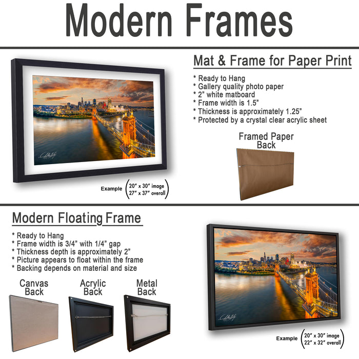 The image is a collage of two framed artworks, one of which is a mat and frame for a paper print, and the other is a modern floating frame.