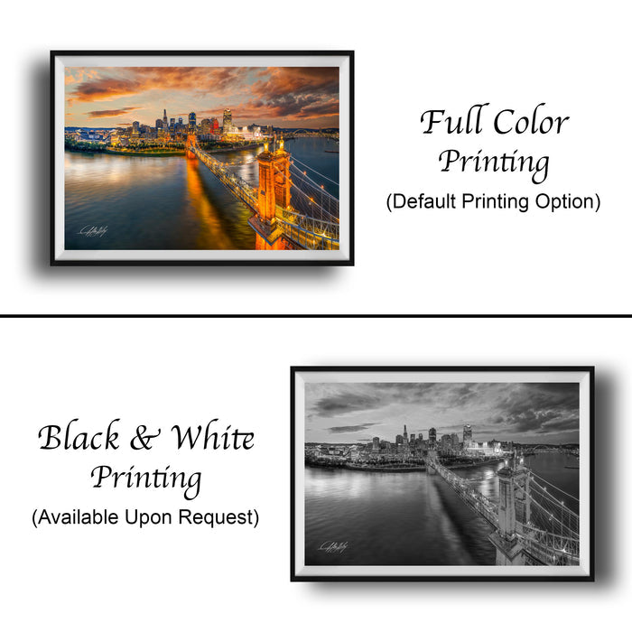 The image is a collage of two framed pictures. The top picture is a full color print of a city skyline at sunset, while the bottom picture is a black and white print of the same city skyline. Both pictures are framed and available upon request.