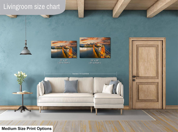 Cincinnati Ohio wall art, Ohio river aerial photography, urban skyline sunset print, Roebling bridge historic photo, Queen City home decor, Midwest travel wall art, Cincinnati sports stadiums photo, suspension bridge cityscape art, downtown Cincinnati aerial view, vibrant sunset city wall print, skyline over river fine art photo, architectural bridge photography, Cincinnati panoramic art print, Ohio city golden hour photo, Midwest urban skyline decor