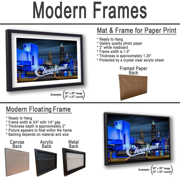 The image is a collage of two framed pictures, one of a city skyline at night and the other of a city skyline at night. The framed pictures are described as modern floating frames, which are ready to hang and have a frame width of 3/4" with a 1/4" gap. The framed picture on the left is a mat and frame for a paper print, while the framed picture on the right is a mat and frame for a paper back. Both pictures are described as having a thickness depth of approximately 1 1/2".