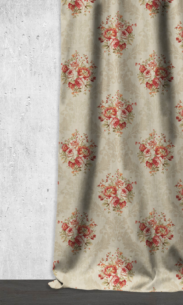 Dimout Floral Drapes (Red/ Creamy-Beige)