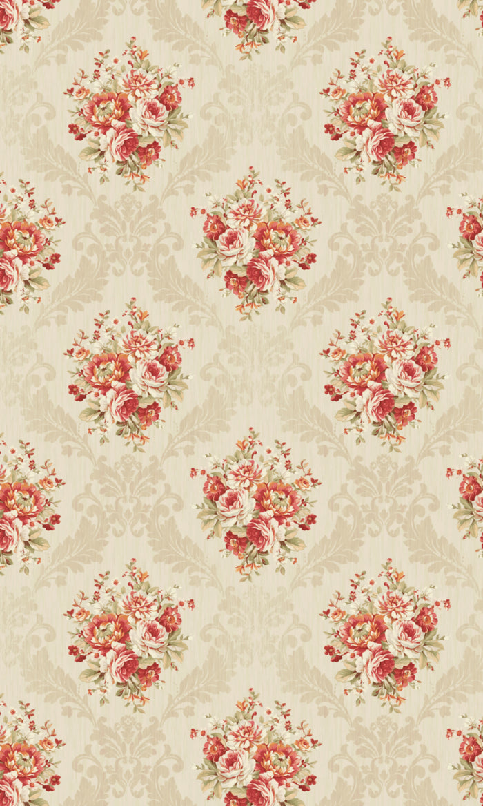 Dimout Floral Home Textile Fabric Material By the Metre (Red/ Creamy-Beige)