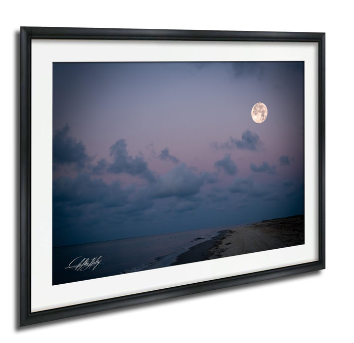 a serene night scene with a full moon illuminating a cloudy sky over a beach.