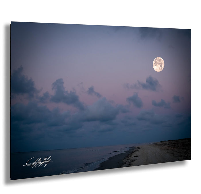 a serene night scene at the beach, with a full moon illuminating the sky and a cloudy, dark blue sky.