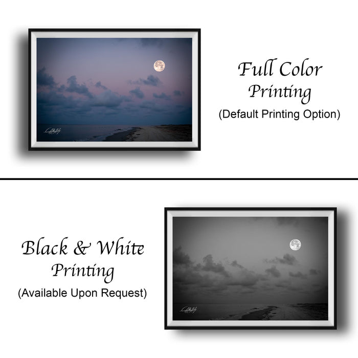 The image is a collage of two framed pictures, one in black and white and the other in full color. The black and white picture depicts a cloudy sky with a full moon, while the full color picture shows the same scene with the full moon shining brightly in the sky. Both pictures are framed and ready for display.