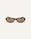Face shot of Bonnie Clyde Coco sunglasses in black with brown lenses.