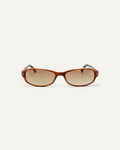 Face shot of Bonnie Clyde Coco sunglasses in layered brown with brown lenses.
