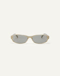 Face shot of Bonnie Clyde Coco sunglasses in grey with grey lenses.