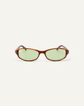 Face shot of Bonnie Clyde Coco sunglasses in layered brown with green lenses.