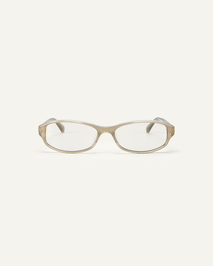 Face shot of Bonnie Clyde Coco optical frames in layered grey with clear lenses.